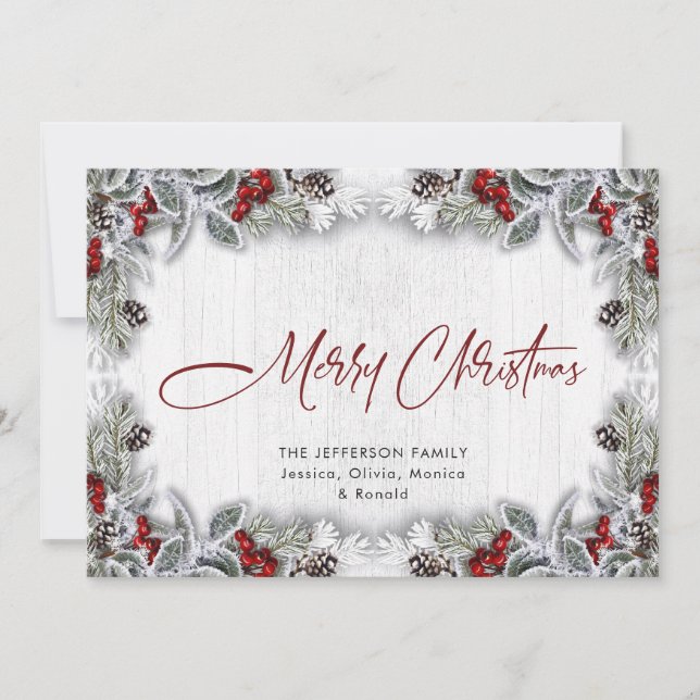 Christmas Holly Berry Pine Rustic Wood Greeting Holiday Card (Front)