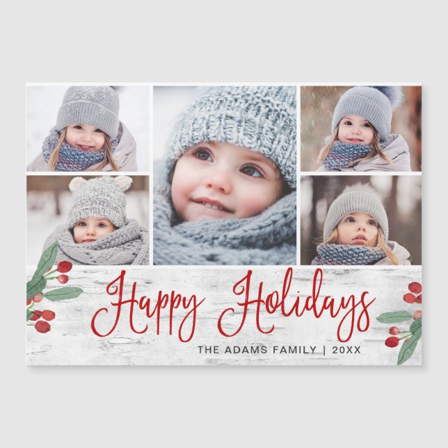 Christmas Holly Berry Rustic 5 PHOTO Magnetic Card (Front)