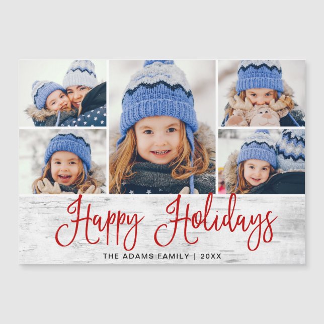 Christmas Holly Berry Rustic 5 PHOTO Magnetic Card (Front)