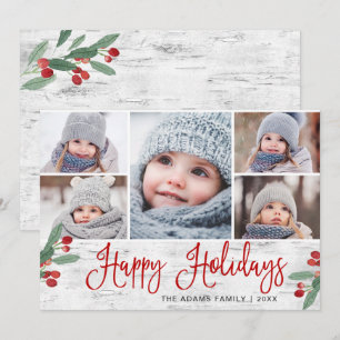 Christmas Holly Berry Rustic Birch 5 PHOTO Holiday Card