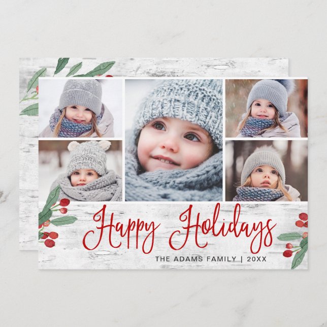 Christmas Holly Berry Rustic Birch 5 PHOTO Holiday Card (Front/Back)