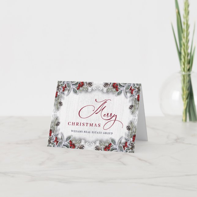 Christmas Holly Berry Rustic Corporate Greeting Holiday Card (Front)