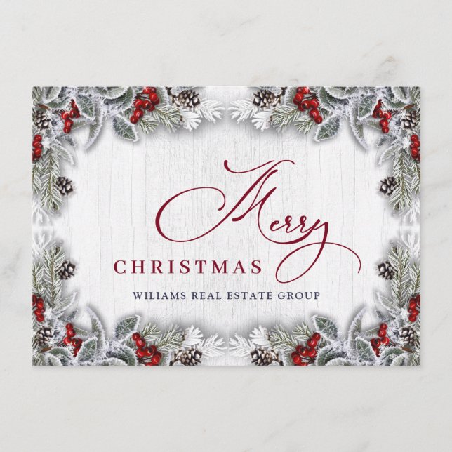 Christmas Holly Berry Rustic Corporate Greeting Holiday Card (Front)
