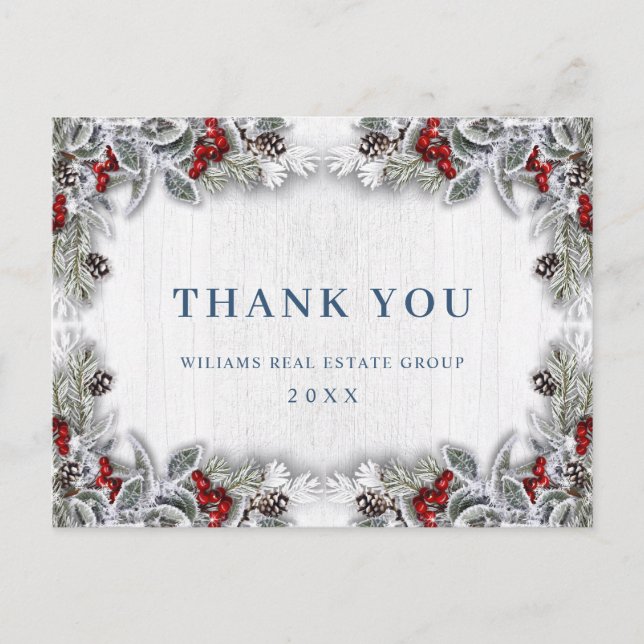 Christmas Holly Berry Rustic Corporate Thank You Postcard (Front)