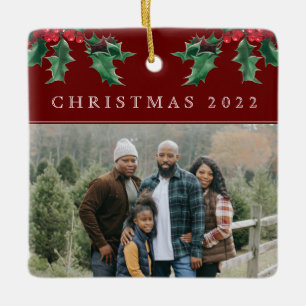 Christmas Holly Berry Simple Custom Photo Red Ceramic Ornament