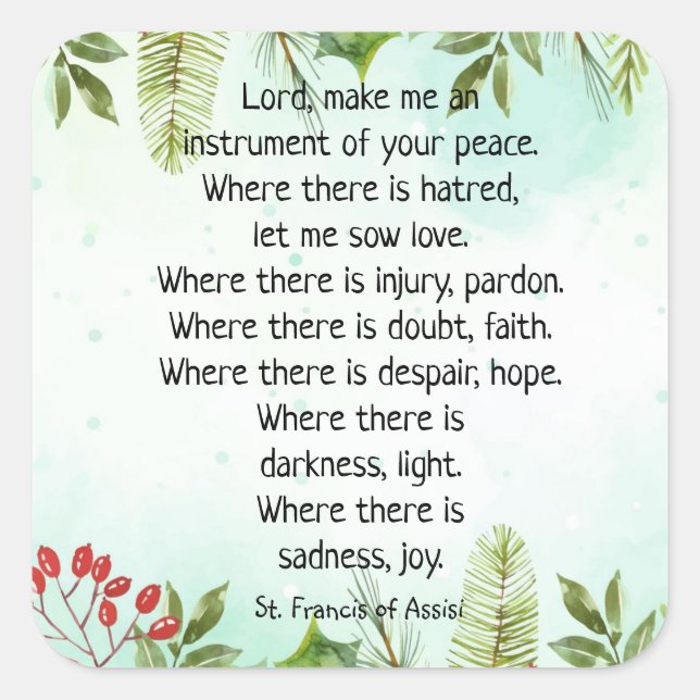 Christmas Holly Berry St. Francis Prayer Square Sticker (Front)