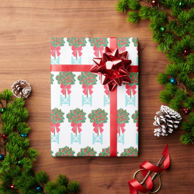 Christmas Holly Berry Topiary Robin's Egg Blue   Wrapping Paper (Holiday Gift)