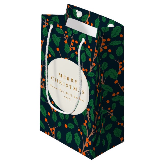 Christmas Holly Botanical Greenery Custom Holiday Small Gift Bag (Front Angled)