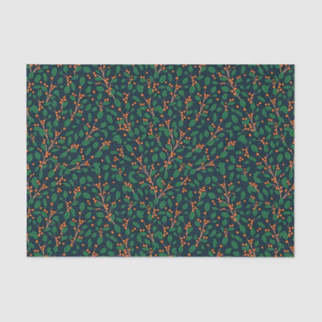 Christmas Holly Botanical Greenery Navy Tissue Paper (Front)