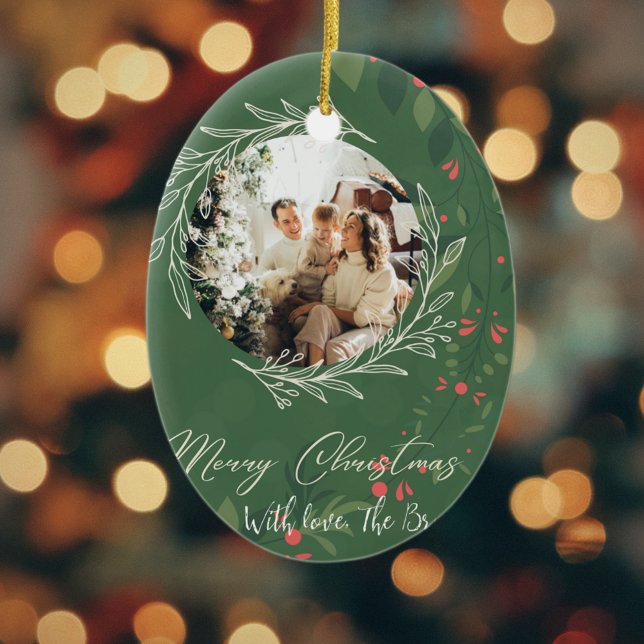 Christmas Holly Botanical Greenery Photo Navy  Ceramic Ornament (Creator Uploaded)