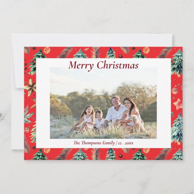 Christmas Holly Botanical Greenery Photo Red  Holiday Card (Front)