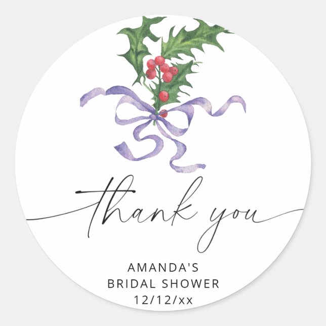 Christmas holly branch bridal shower  classic round sticker (Front)