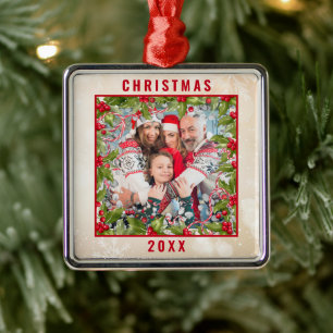 Christmas Holly Branch Photo Pewter Ornament