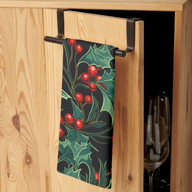 Christmas Holly Branches and Berries Kitchen Towel (Thirds Fold)