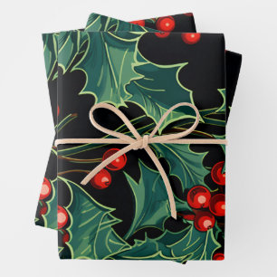 Christmas Holly Branches and Berries Wrapping Paper Sheet