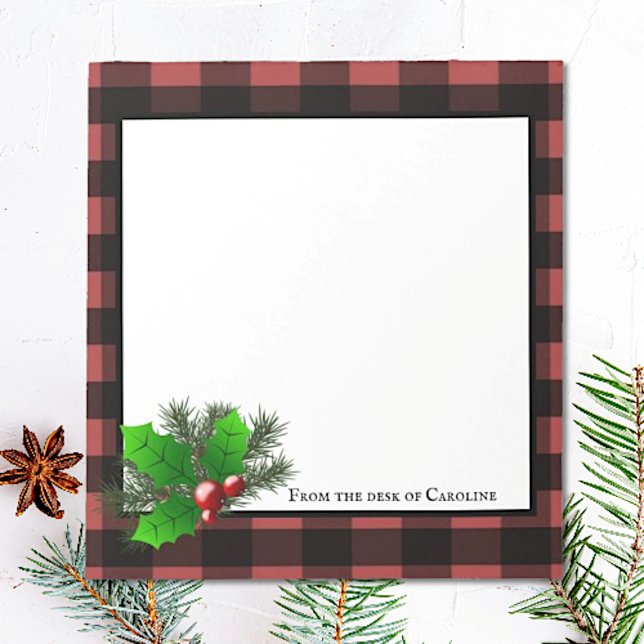 Christmas Holly Buffalo Plaid Personalized Notepad (Red Christmas Holly Buffalo Plaid Personalized Notepad)
