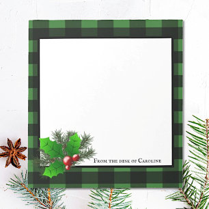 Christmas Holly Buffalo Plaid Personalized Notepad