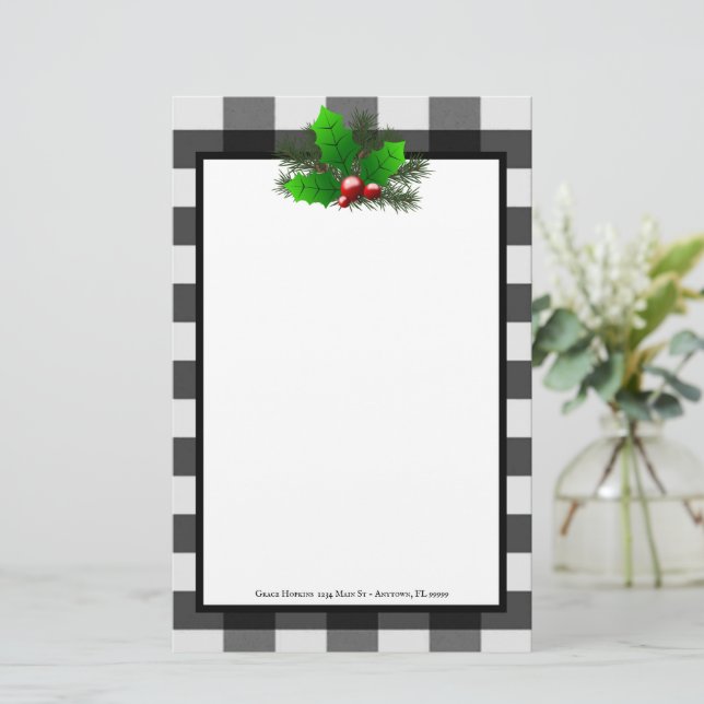 Christmas Holly Buffalo Plaid Personalized Paper (Standing Front)