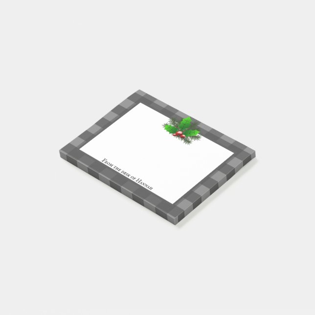 Christmas Holly Buffalo Plaid Personalized Post-it Notes (Angled)