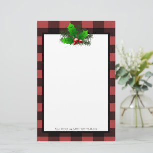 Christmas Holly Buffalo Plaid Personalized Station Stationery