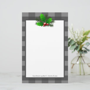 Christmas Holly Buffalo Plaid Personalized Station Stationery