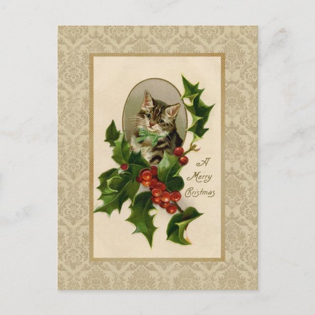 Christmas Holly Chat Vintage Reproduction Carte po (Devant)
