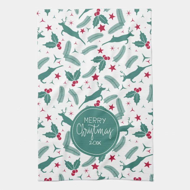 Christmas holly & Christmas deer pattern Kitchen Towel (Vertical)