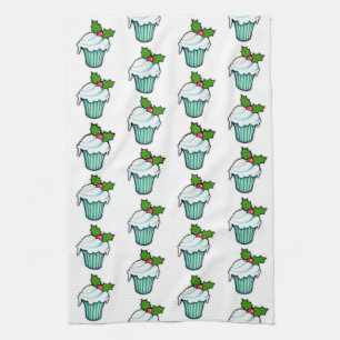Christmas Holly Cupcake pattern Kitchen Towel