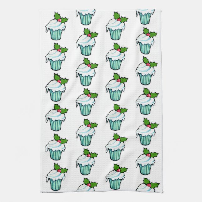 Christmas Holly Cupcake pattern Kitchen Towel (Vertical)