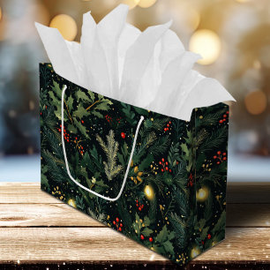 Christmas Holly Dark Winter Holiday Foliage Large Gift Bag