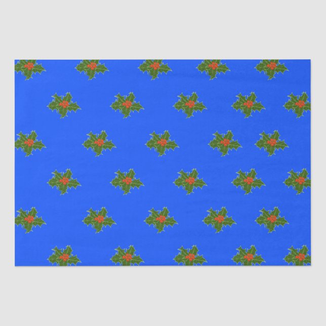Christmas Holly decorative pattern on blue   Tissue Paper (Front)