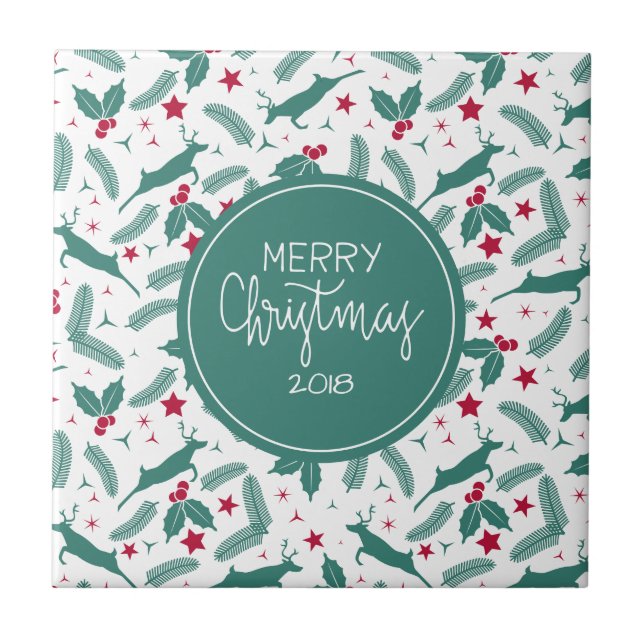Christmas holly & deer Merry Christmas Typography Tile (Front)