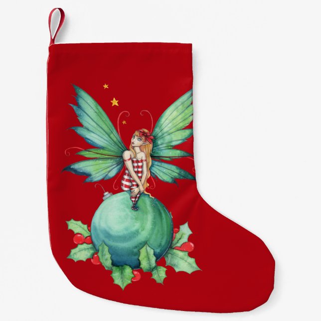 Christmas Holly Fairy Fantasy Art Small Christmas Stocking (Front)