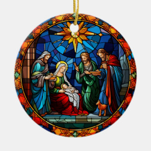 Christmas Holly Family stained glass style Ceramic Ornament