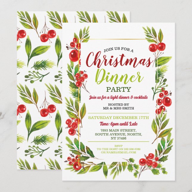 Christmas Holly Festive Party Leaves Invitation (Front/Back)