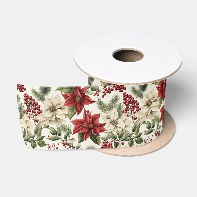 Christmas Holly Flowers Satin Ribbon (Spool)