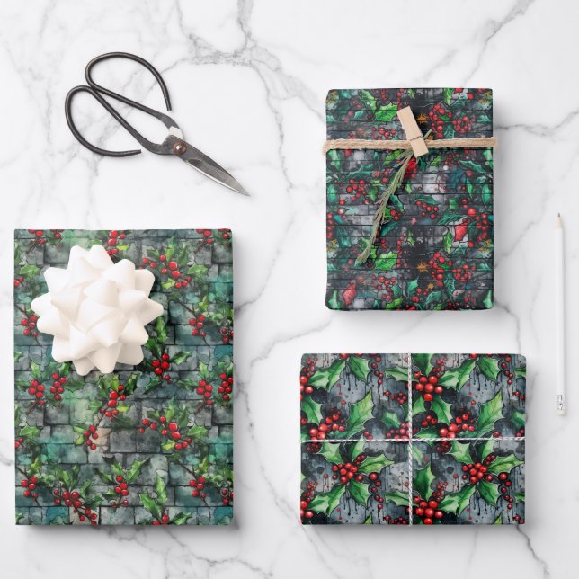 Christmas Holly Graffiti Wrapping Paper Sheet (Front)