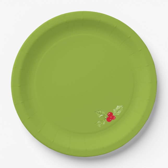 Christmas Holly Green Festive Holiday Fun Paper Plate (Front)