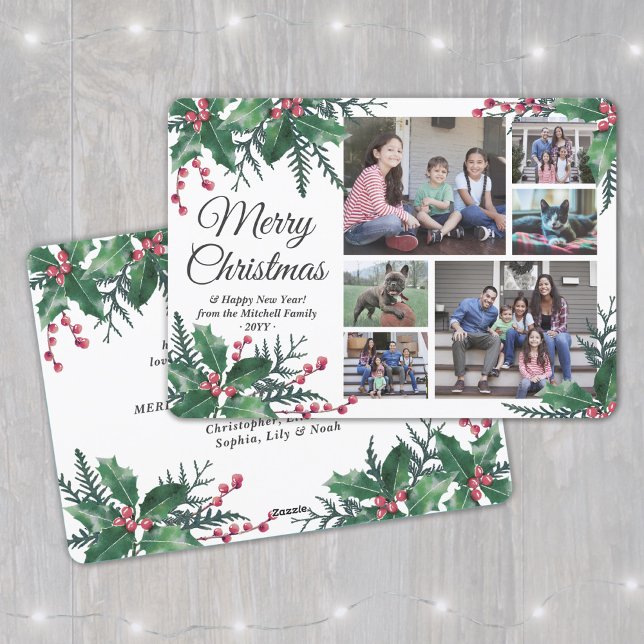 Christmas Holly Greenery 6 Photo Collage Botanical Holiday Card (Creator Uploaded)