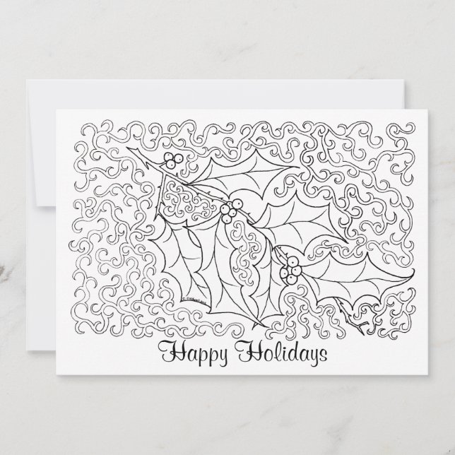 Christmas Holly Happy Holidays Card to Colour (Front)