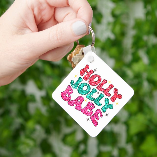 Christmas Holly Jolly Babe Modern Glitter Script Keychain (Hand)