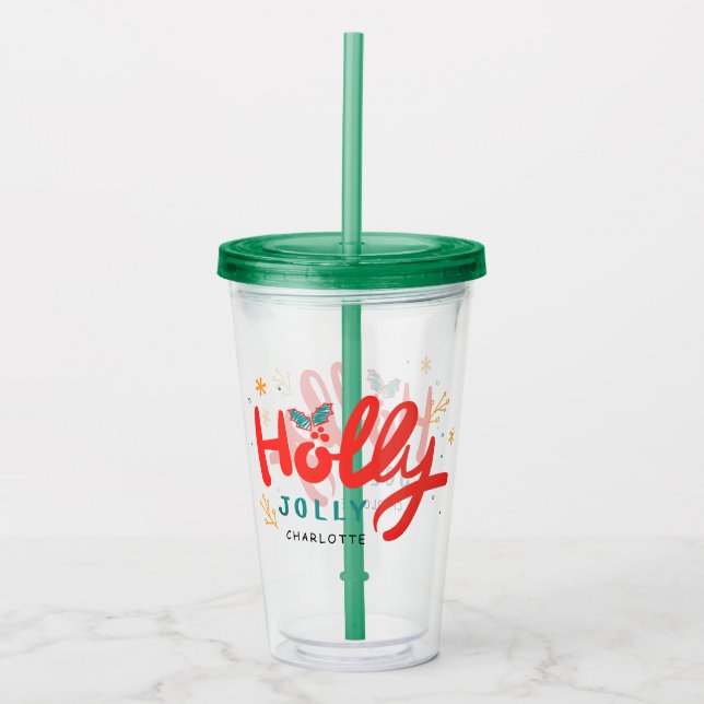 Christmas Holly Jolly Fun Winter Personalized Name Acrylic Tumbler (Front)