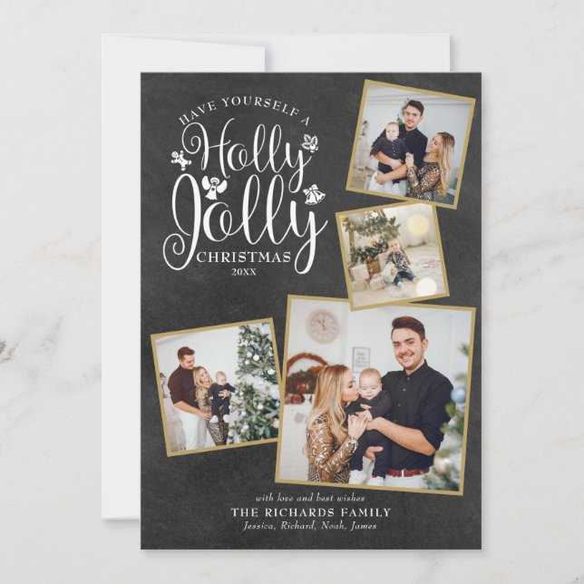 Christmas Holly Jolly Photo Collage Chalkboard Holiday Card (Front)