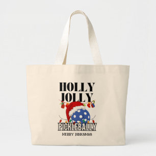 Christmas HOLLY JOLLY PICKLEBALLY Large Tote Bag