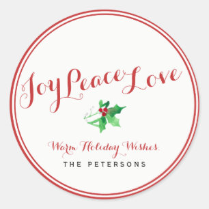 Christmas Holly Joy Peace Love Script Custom Classic Round Sticker