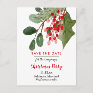 Christmas Holly Leaved Red Berry Holiday Party Announcement Postcard