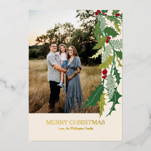 Christmas Holly Leaves and Berries Foil Photo Card