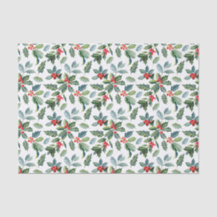 Christmas Holly Leaves and Berries on White Tissue Paper