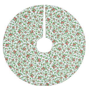 Christmas holly leaves and berries red and green brushed polyester tree skirt