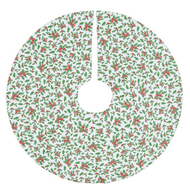 Christmas holly leaves and berries red and green brushed polyester tree skirt (Front)